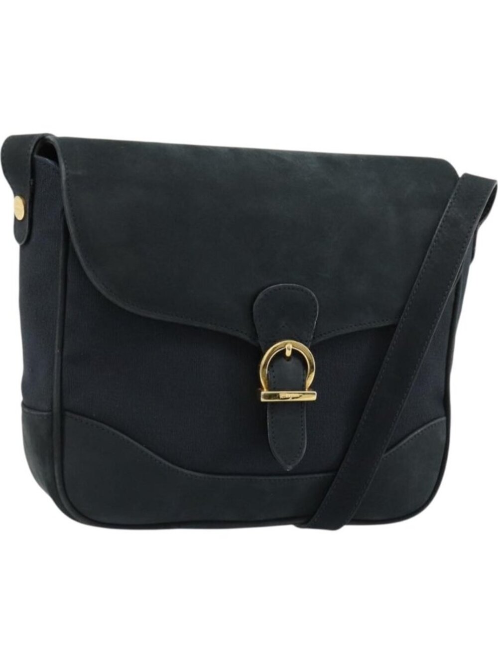 Salvatore Ferragamo Gancini Shoulder Bag Suede Navy Gold